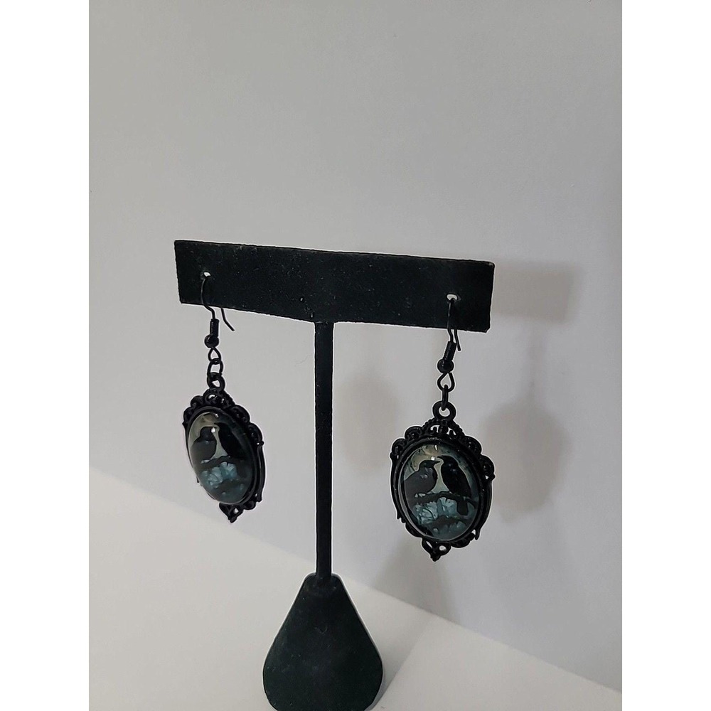 Vintage Black Raven Cameo Dangle Earrings Gothic Victorian Style Oval Cabochon